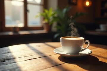 Warm sunlight illuminates a steaming cup of coffee on a rustic wooden table
