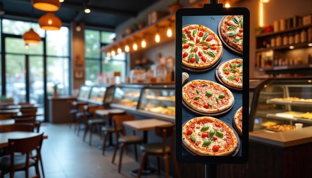 Digital menu board displays pizza, Italian dishes in modern pizzeria. Indoor cafe restaurant setting. Food ordering, take-away service, hospitality industry, marketing. Pizzeria interior design.