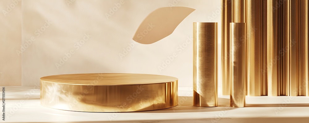 Poster a minimalist composition featuring golden circular and cylindrical shapes set against a soft backdro