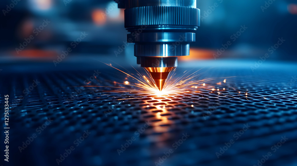 Poster close-up of a laser cutting machine creating sparks while processing metal on a factory floor, showc