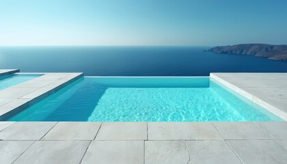 Infinity swimming pool overlooks ocean. Luxury resort pool with turquoise water, sea view, clear sky. Summer vacation at luxury villa. Travel destination, relaxation, vacation, recreation.