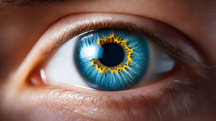 Fototapeta premium Close-up of a human eye showcasing vibrant blue color and intricate patterns, symbolizing vision and perception.