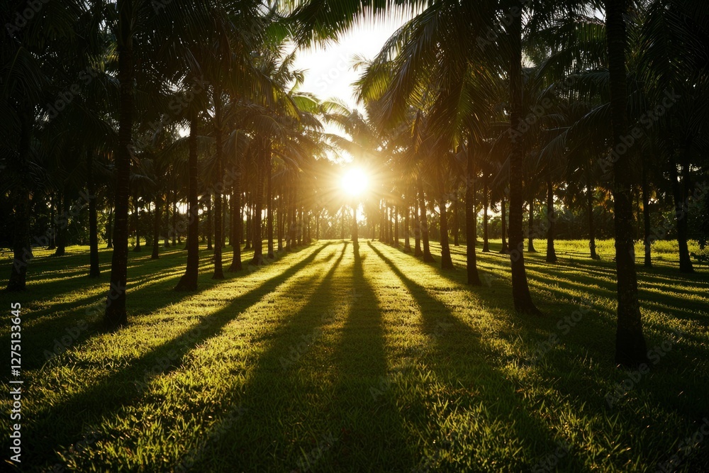 Poster sun sets behind palm trees over a grass field for background usage in web sites