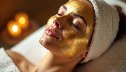 Woman relaxes with golden facial mask. Luxury spa anti-aging treatment in beauty salon. Skincare, rejuvenation, therapy, beauty, aesthetic procedures for radiant and youthful skin.