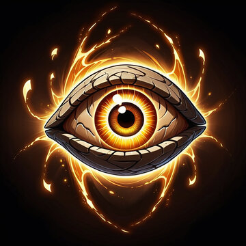 Fiery, mystical eye glows intensely, surrounded by swirling energy, evoking fantasy and the occult.