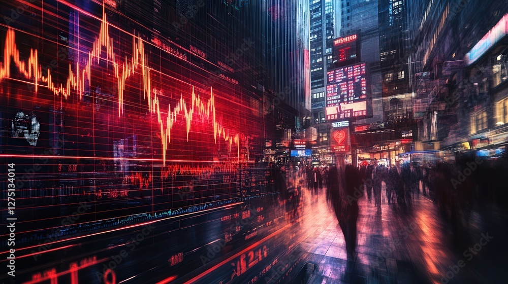 Poster floating heartbeat graph fluctuates wildly above a financial hub, its unstable rhythm mirroring the 