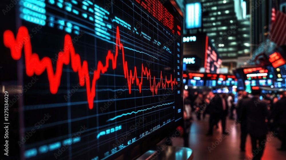 Poster floating heartbeat graph fluctuates wildly above a financial hub, its unstable rhythm mirroring the 
