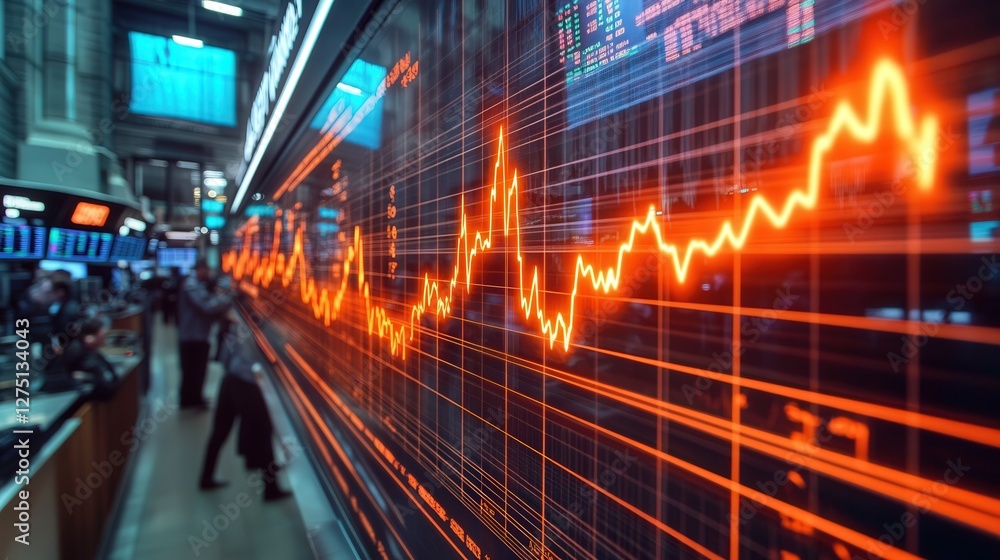 Poster floating heartbeat graph fluctuates wildly above a financial hub, its unstable rhythm mirroring the 