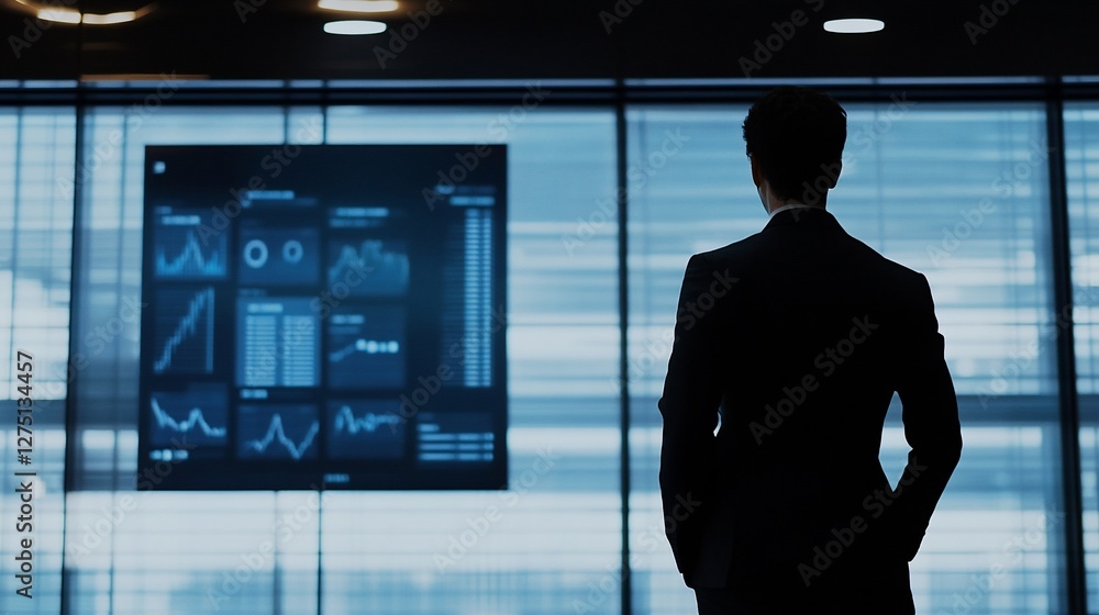 Poster a man in a dark suit stands in front of a large screen showing financial data