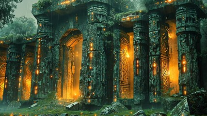 Ancient stone temple illuminated by glowing orbs, surrounded by lush forest and misty atmosphere