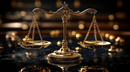 Golden scales of justice in dark setting.  Possible use Stock photo for legal themes