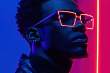 Stylish dark-skinned man with neon glasses and light. Nightclub ambiance. Fashion shoot