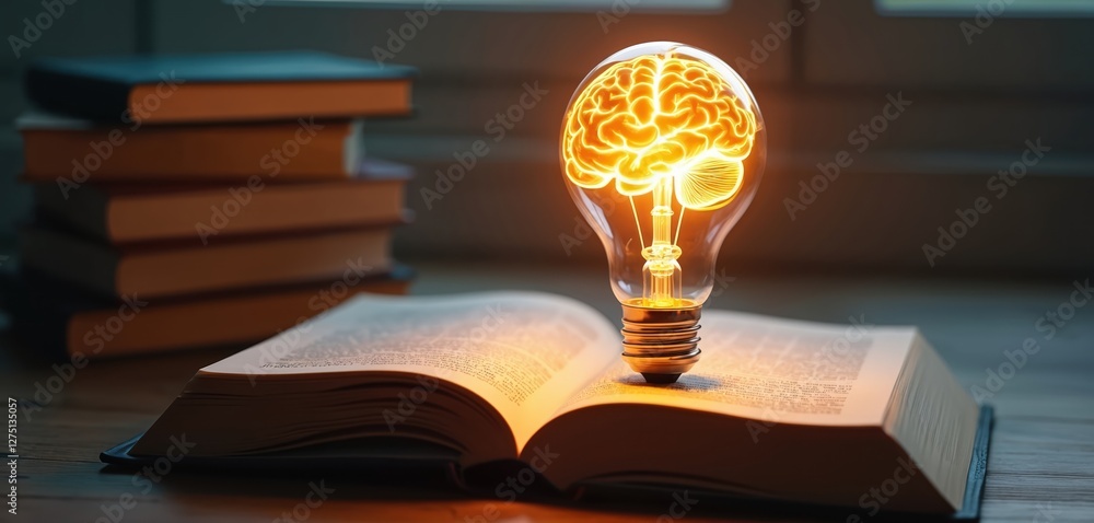 Poster glowing light bulb with brain sits on open book near stack of books. education knowledge and self le