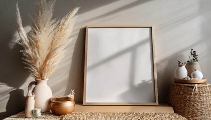 Vibrant Bohemian 3D Mockup Frame Close Up Boho Chic Interior Decor Against a Layered Textured Backdrop, Evoking a Cozy and Eclectic Atmosphere.