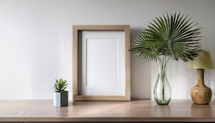 3D Rendered Mockup Frame CloseUp with Plant in Vase A Warm and Inviting Home Interior Scene, Enhanced by a Natural Touch of Greenery