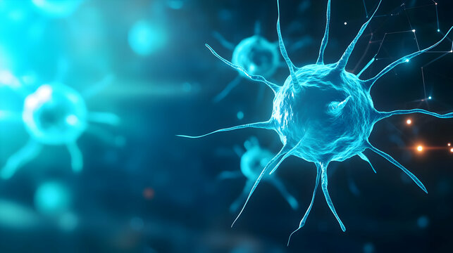 Close-up of glowing blue bacteria under a microscope, showcasing intricate details and vibrant colors in a scientific environment.