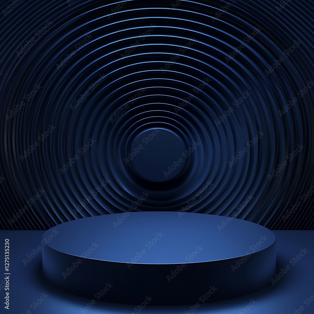 Poster a modern and stylish display platform, featuring concentric circular patterns and a deep blue color 