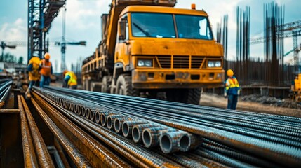 Construction Site Workers Steel Rebar and Truck