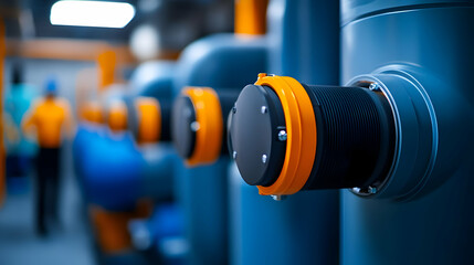 Obraz premium Close-up of modern industrial pipes with orange fittings in a factory setting, showcasing technology and engineering excellence.