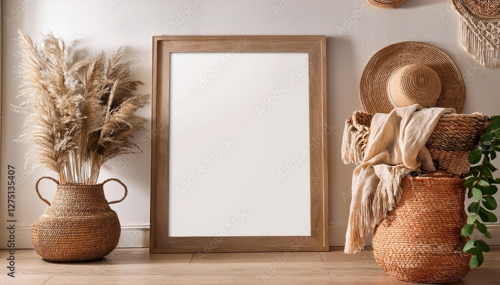 Poster 3d boho style mock up frame closeup in home interior background with vibrant textures and eclectic a
