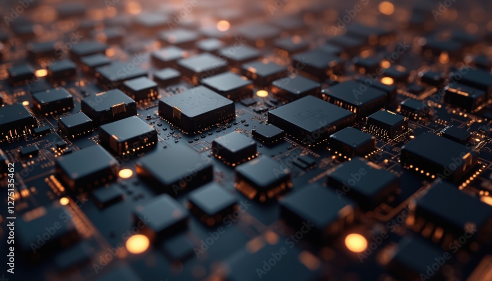 Aufkleber Technology background. Three-dimensional dark circuit board with depth of field features digital system, electronic components. Futuristic hi-tech wallpaper, neural net hardware backdrop. AI tech