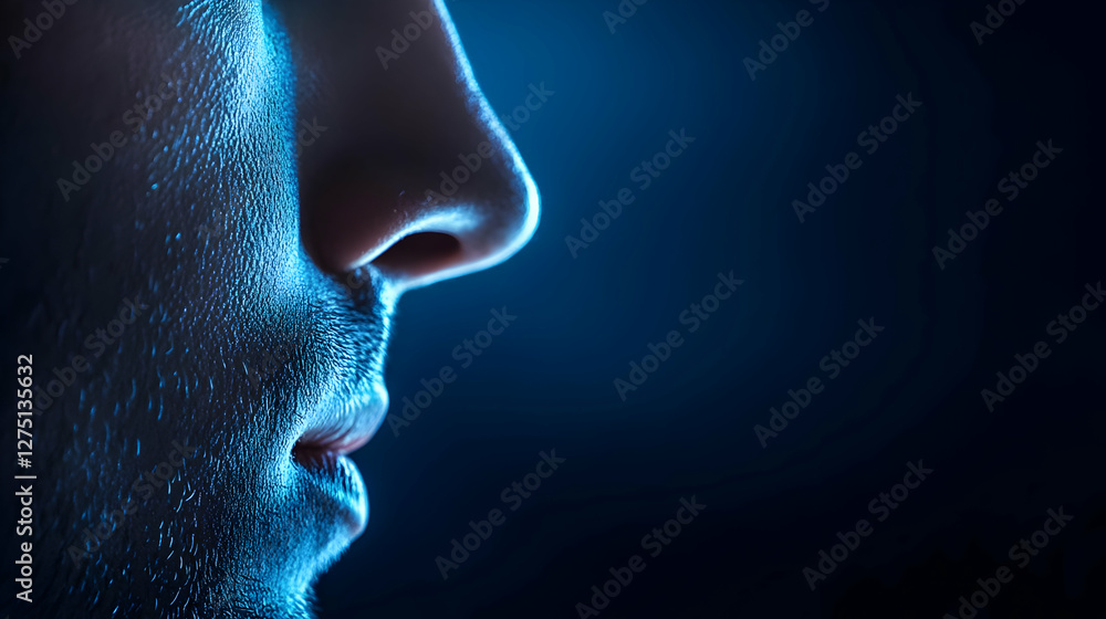 Poster close-up side profile of a person illuminated by soft blue light, emphasizing facial features and cr