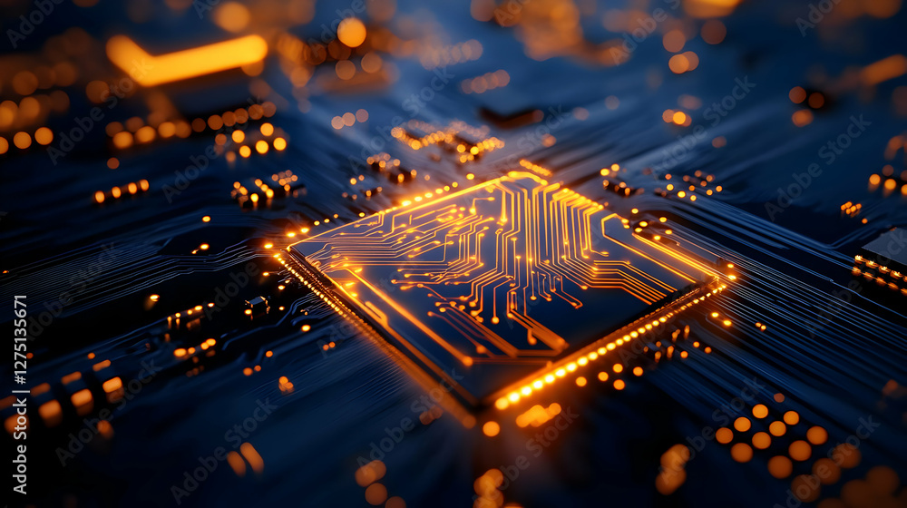 Poster close-up view of an intricate microchip with glowing circuits, showcasing the beauty of modern elect