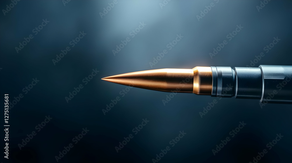 Poster close-up view of a bullet tip with a reflective surface, showcasing details of metal and precision e