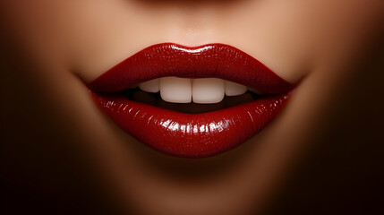 Close-up shot of glossy red lips with a subtle smile, showcasing elegance and allure in beauty and fashion.