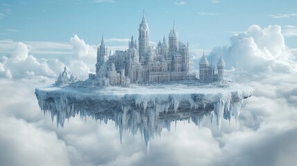 Fototapeta premium A breathtaking view of a majestic ice castle floating gracefully among the fluffy clouds