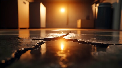 Close-up view of a cracked floor with reflection of warm light, showcasing the impact of moisture and environment on surfaces.