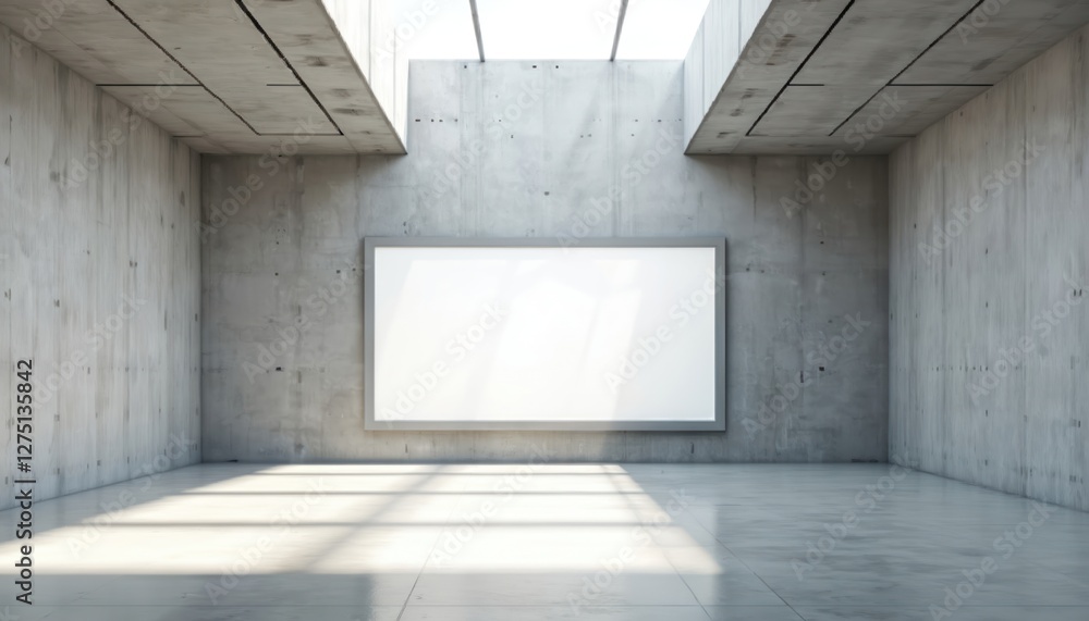 Aufkleber blank illuminated screen placeholder in concrete modern room. minimalist gallery with window, cement