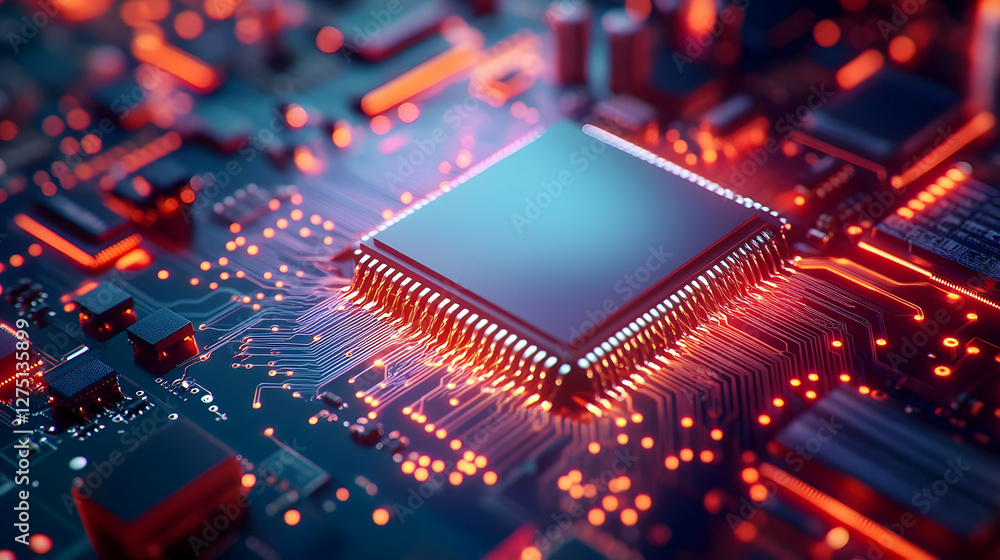 Poster close-up view of a high-tech microchip on a circuit board, showcasing intricate details and glowing 
