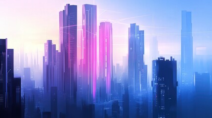 Obraz premium city skyline with digital communication lines connecting skyscrapers, symbolizing business growth and innovation