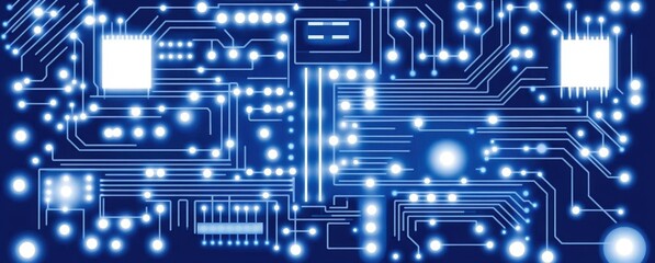 Blue digital tech circuit board with glowing lights for a banner or background