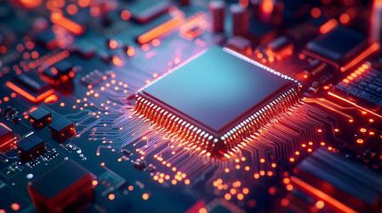 Obraz premium Close-up view of a high-tech microchip on a circuit board, showcasing intricate details and glowing connections in a modern design.