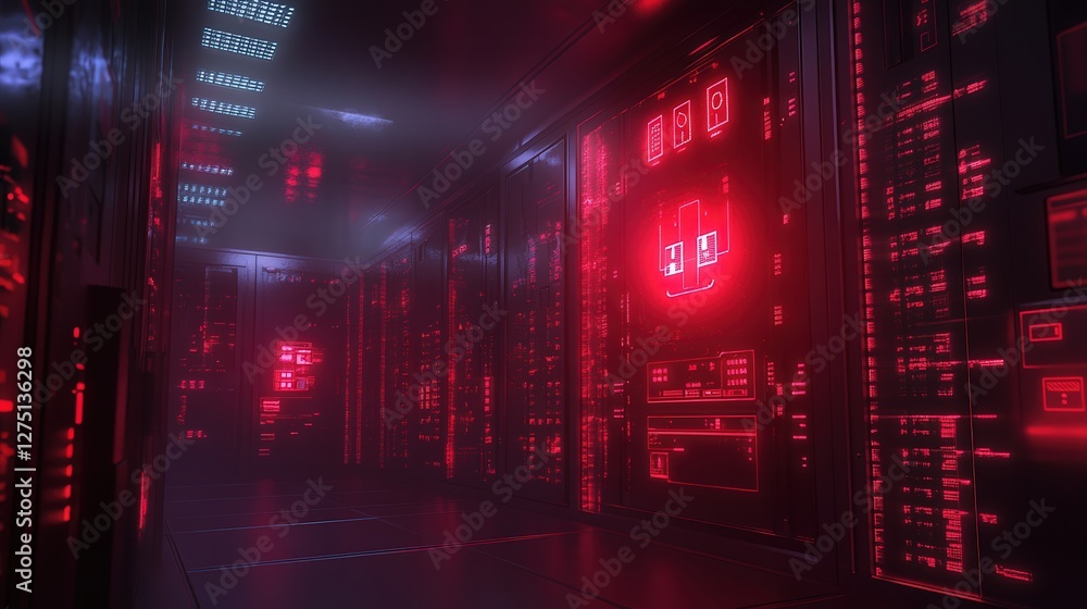 Poster cyber defense system detecting a ransomware breach, with glowing red security alerts and encrypted f