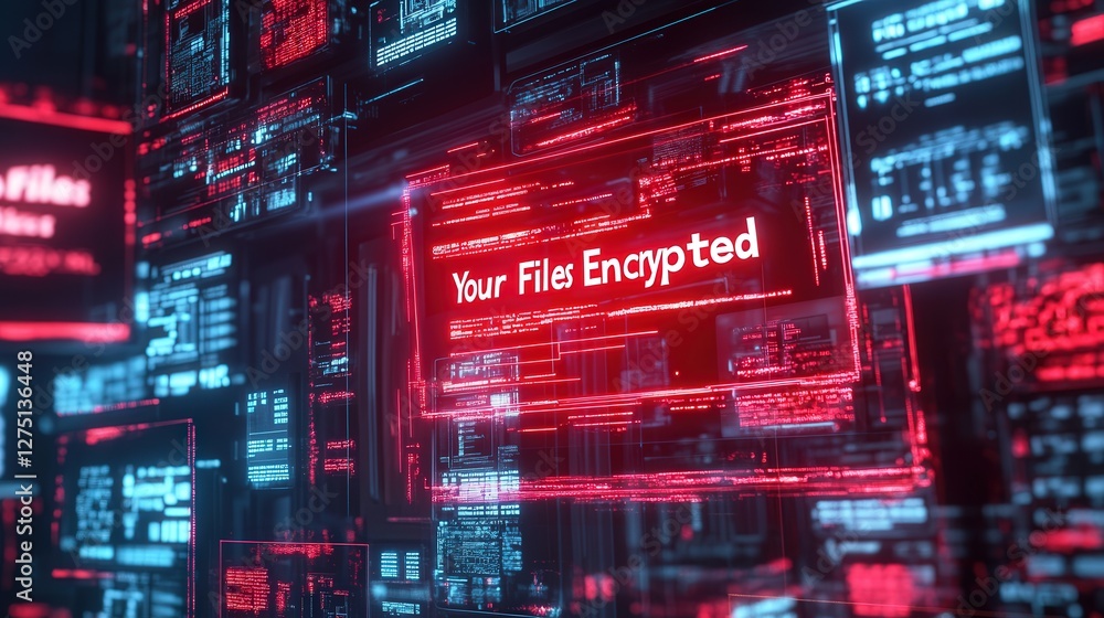 Poster cybersecurity breach scene with a large 