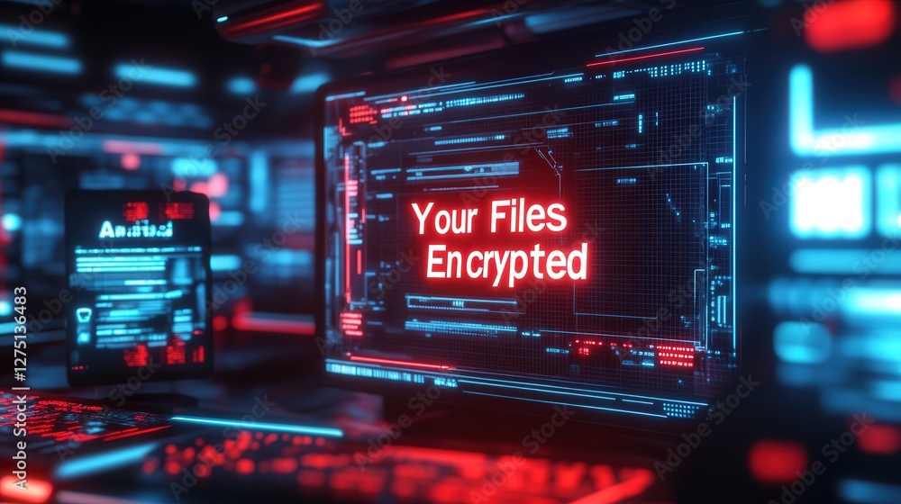 Poster cybersecurity breach scene with a large 