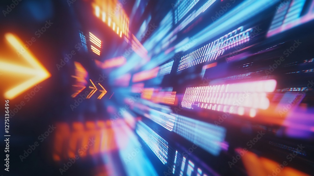 Poster abstract futuristic motion with glowing colorful arrows moving forward at high speed