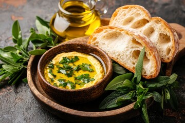 Olive oil, herb, bread, hummus appetizer. Dips & spreads with bread for sale