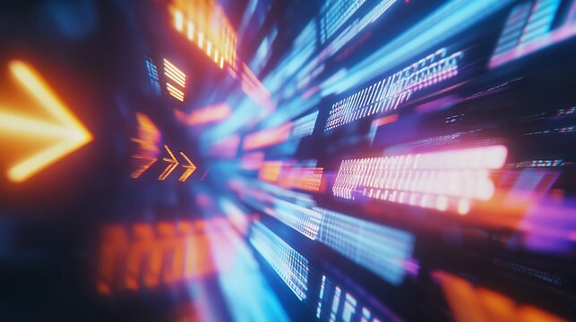 Abstract futuristic motion with glowing colorful arrows moving forward at high speed