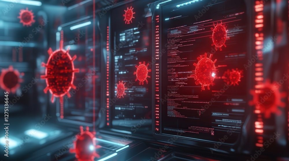 Poster a futuristic cybersecurity defense system trying to stop a ransomware attack, with red malware symbo