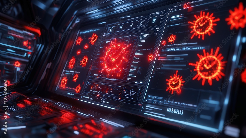 Aufkleber a futuristic cybersecurity defense system trying to stop a ransomware attack, with red malware symbo