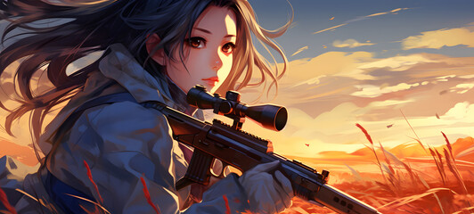 A beautiful Japanese high school girl holding a sniper rifle on the battlefield, ai generative