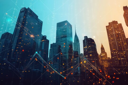 A conceptual illustration of the finance world, showing interconnected data points forming an upward graph over New York buildings.
