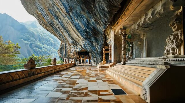 Dambulla Buddhist cave temple nestled under rocky mountain landscape in Sri Lanka, Dambulla Buddhist cave temple under mountain rock Sri Lanka travel destination background