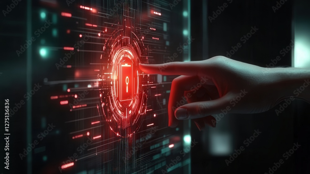 Poster data security system with a digital lock symbol and a hand pressing it for secure access control