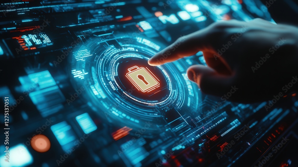 Aufkleber digital cybersecurity interface with a glowing lock icon, as a hand points towards it on a dark, hig