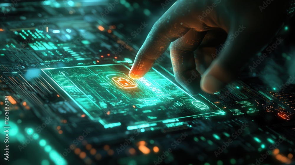 Aufkleber digital cybersecurity interface with a glowing lock icon, as a hand points towards it on a dark, hig